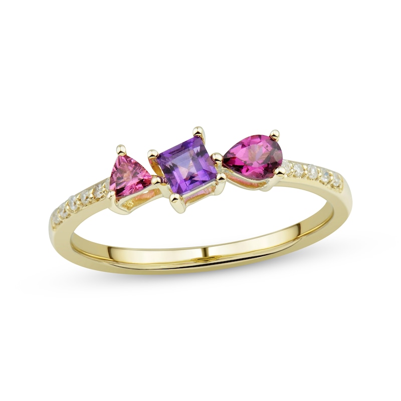 Multi-Shape Rhodolite Garnet, Amethyst, Pink Tourmaline & Diamond Ring 1/20 ct tw 10K Yellow Gold