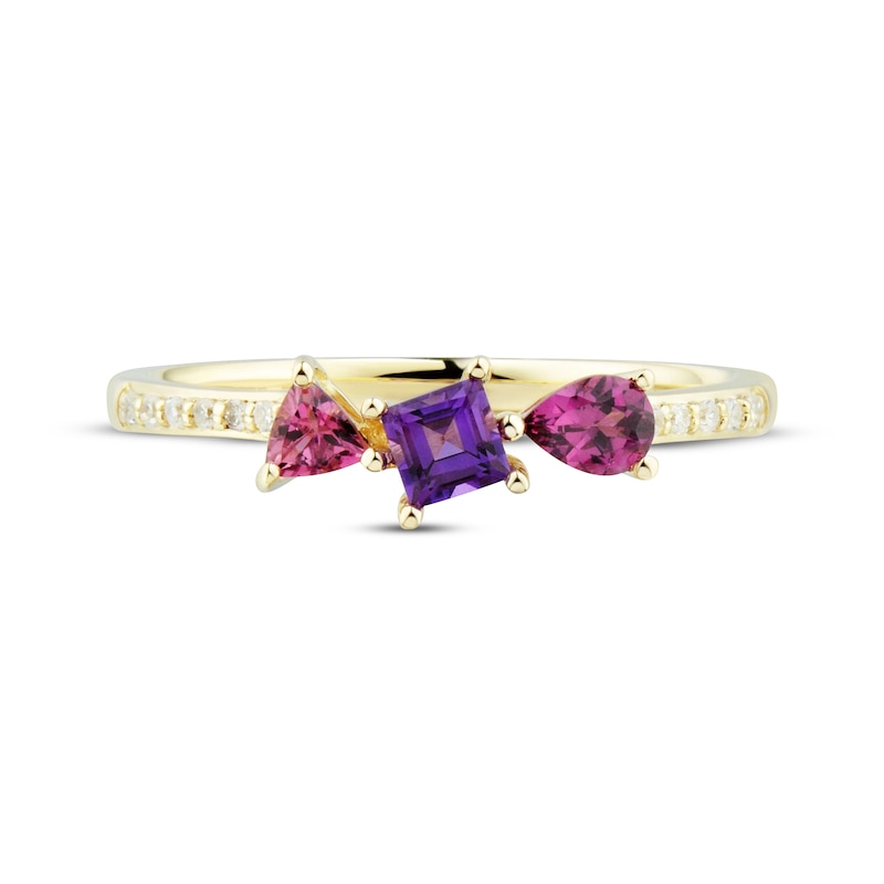 Multi-Shape Rhodolite Garnet, Amethyst, Pink Tourmaline & Diamond Ring 1/20 ct tw 10K Yellow Gold