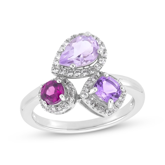Multi-Shape Rhodolite Garnet, Pink Quartz, Amethyst & White Lab-Created Sapphire Ring Sterling Silver