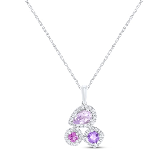 Multi-Shape Rhodolite Garnet, Pink Quartz, Amethyst & White Lab-Created Sapphire Necklace Sterling Silver 18"