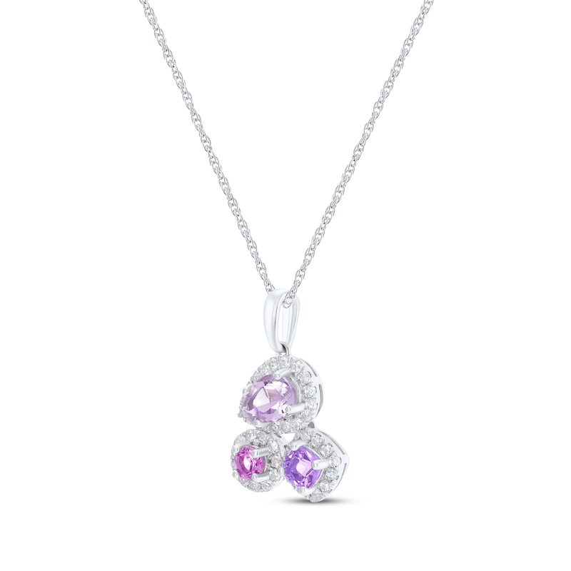 Multi-Shape Rhodolite Garnet, Pink Quartz, Amethyst & White Lab-Created Sapphire Necklace Sterling Silver 18"