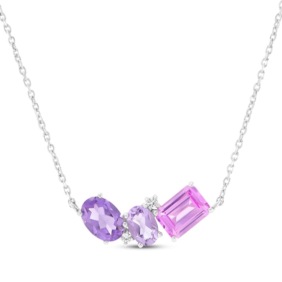 Multi-Shape Amethyst, Pink Quartz, Pink & White Lab-Created Sapphire Necklace Sterling Silver 18"
