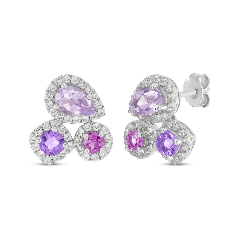 Main Image 1 of Multi-Shape Rhodolite Garnet, Pink Quartz, Amethyst & White Lab-Created Sapphire Earrings Sterling Silver