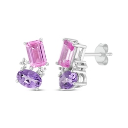 Oval-Cut Amethyst, Emerald-Cut Pink Lab-Created Sapphire & White Lab-Created Sapphire Drop Earrings Sterling Silver