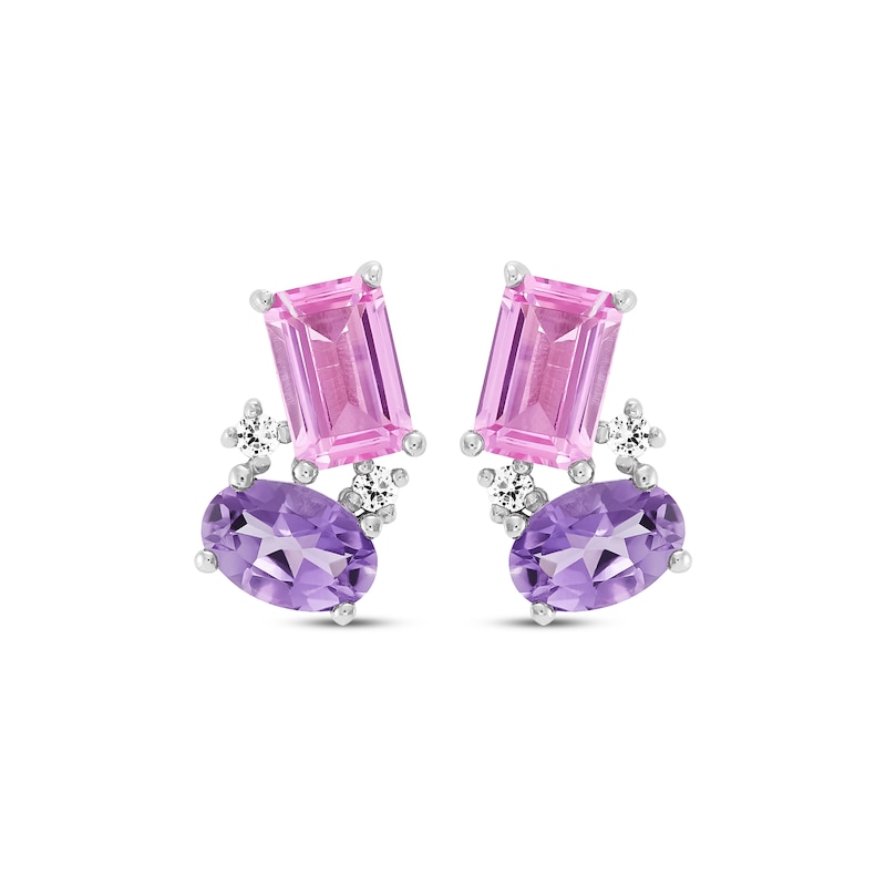 Main Image 2 of Oval-Cut Amethyst, Emerald-Cut Pink Lab-Created Sapphire & White Lab-Created Sapphire Drop Earrings Sterling Silver