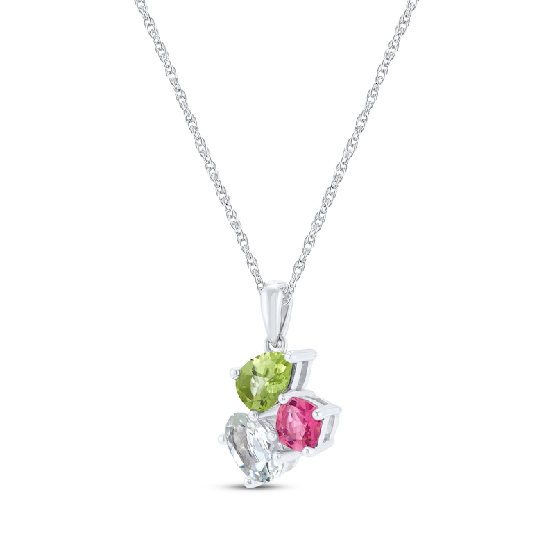 Main Image 2 of Pear-Shaped Peridot, Oval-Cut Green Quartz & Cushion-Cut Pink Tourmaline Necklace Sterling Silver 18&quot;