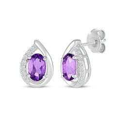 Oval-Cut Amethyst & White Lab-Created Sapphire Earrings 10K White Gold