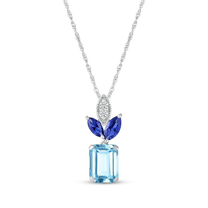 Main Image 1 of Emerald-Cut Swiss Blue Topaz, Blue & White Lab-Created Sapphire Necklace Sterling Silver 18&quot;