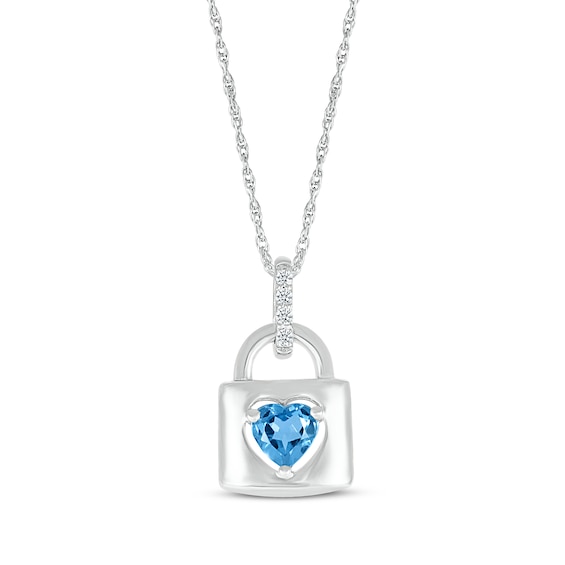 Heart-Shaped Swiss Blue Topaz & White Lab-Created Sapphire Lock Necklace Sterling Silver 18"