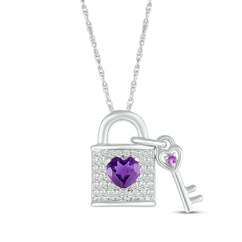 Main Image 1 of Heart-Shaped Amethyst & White Lab-Created Sapphire Lock & Key Necklace Sterling Silver 18&quot;