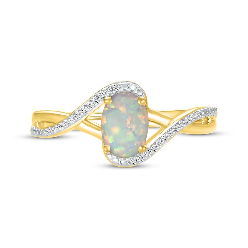 Oval-Cut Lab-Created Opal & Diamond Bypass Ring 1/20 ct tw 10K Yellow Gold