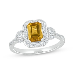 Emerald-Cut Citrine & White Lab-Created Sapphire Ring Sterling Silver