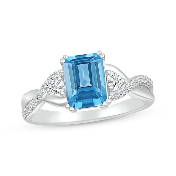 Emerald-Cut Swiss Blue Topaz & White Lab-Created Sapphire Ring Sterling Silver