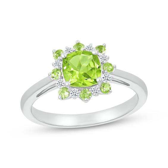 Cushion-Cut Peridot & White Lab-Created Sapphire Sunburst Ring Sterling Silver