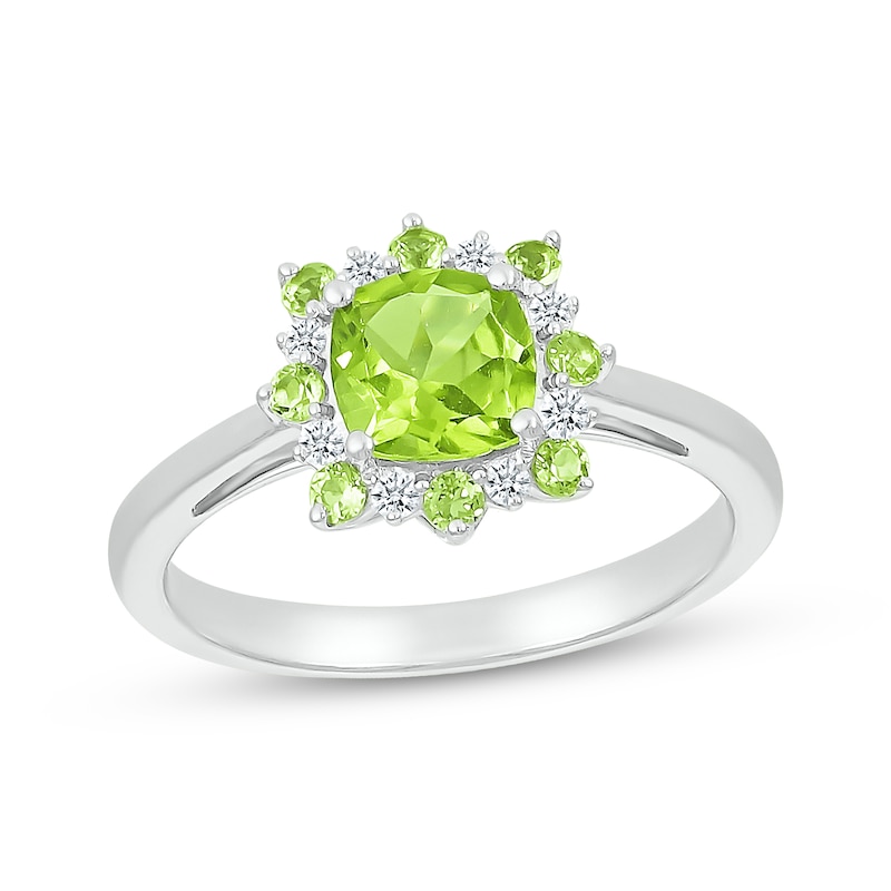 Main Image 1 of Cushion-Cut Peridot & White Lab-Created Sapphire Sunburst Ring Sterling Silver