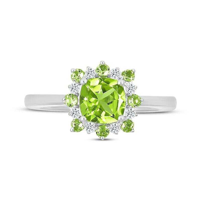 Main Image 4 of Cushion-Cut Peridot & White Lab-Created Sapphire Sunburst Ring Sterling Silver