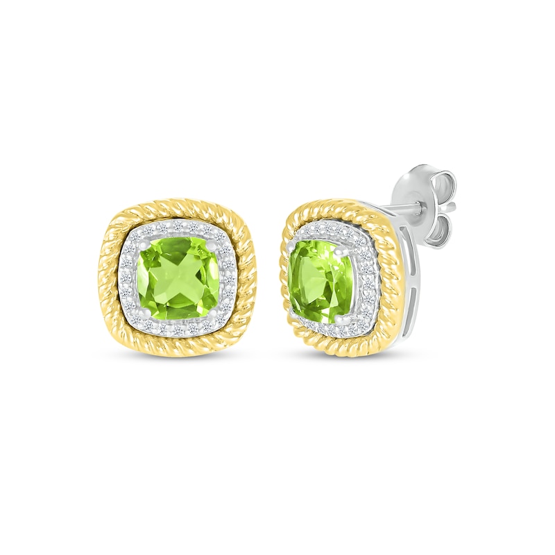 Main Image 1 of Cushion-Cut Peridot & Diamond Earrings 1/10 ct tw Sterling Silver & 10K Yellow Gold