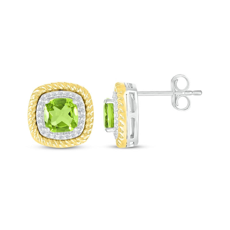 Main Image 3 of Cushion-Cut Peridot & Diamond Earrings 1/10 ct tw Sterling Silver & 10K Yellow Gold