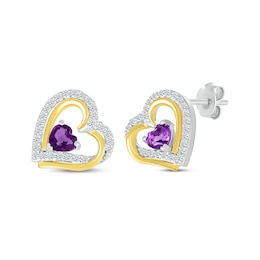 Heart-Shaped Amethyst & White Lab-Created Sapphire Heart Earrings Sterling Silver & 10K Yellow Gold