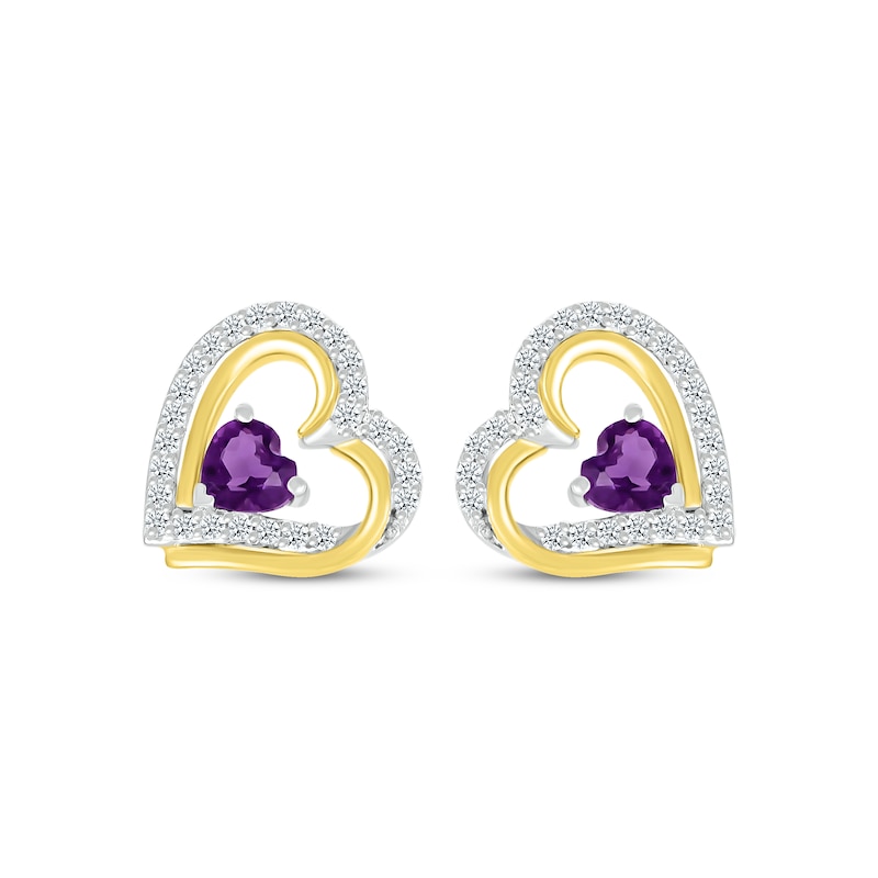 Main Image 2 of Heart-Shaped Amethyst & White Lab-Created Sapphire Heart Earrings Sterling Silver & 10K Yellow Gold