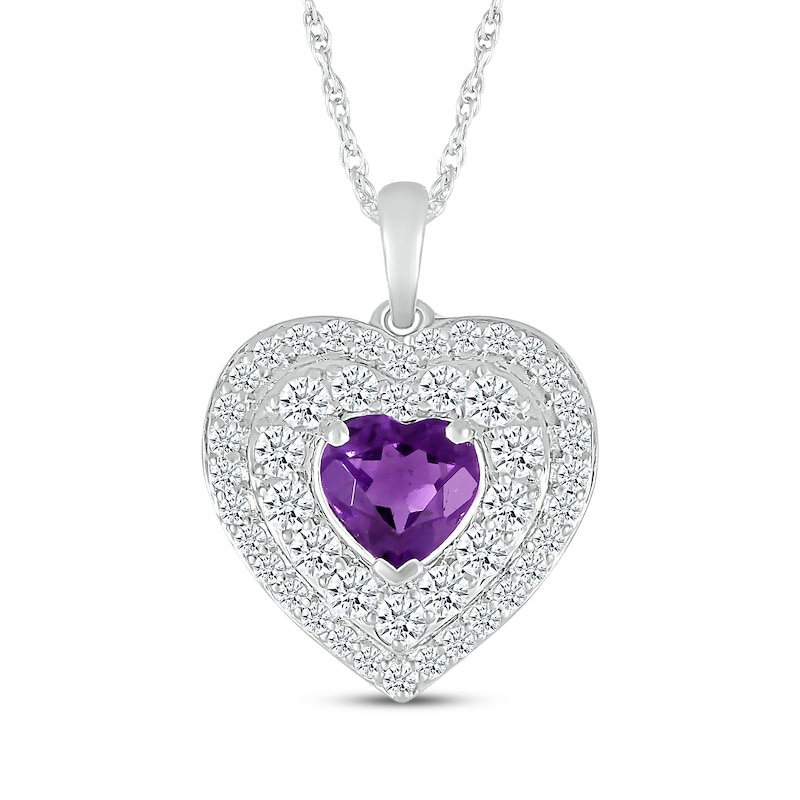 Main Image 1 of Heart-Shaped Amethyst & White Lab-Created Sapphire Double Frame Heart Necklace Sterling Silver 18&quot;