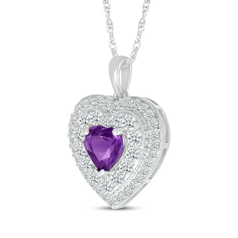 Main Image 2 of Heart-Shaped Amethyst & White Lab-Created Sapphire Double Frame Heart Necklace Sterling Silver 18&quot;