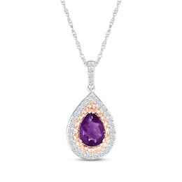 Pear-Shaped Amethyst & White Lab-Created Sapphire Teardrop Necklace Sterling Silver & 10K Rose Gold 18&quot;