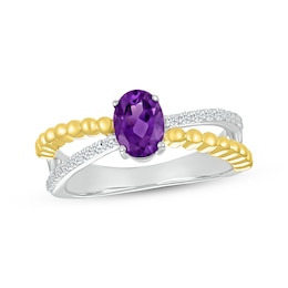 Oval-Cut Amethyst & White Lab-Created Sapphire Beaded Ring Sterling Silver & 10K Yellow Gold