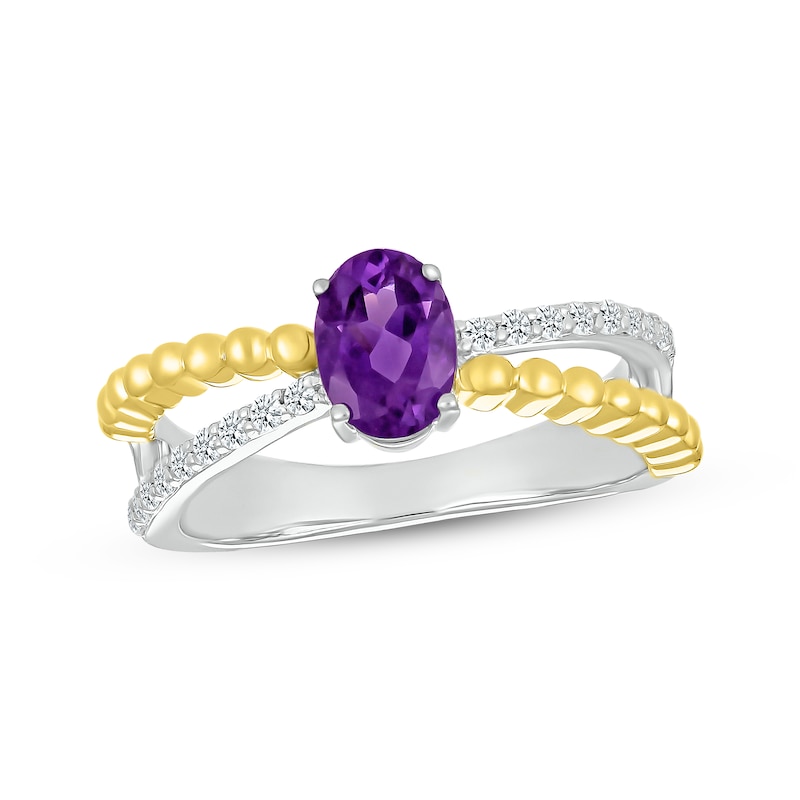 Main Image 1 of Oval-Cut Amethyst & White Lab-Created Sapphire Beaded Ring Sterling Silver & 10K Yellow Gold