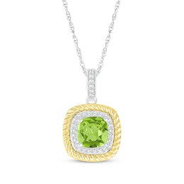 Cushion-Cut Peridot & Diamond Necklace 1/10 ct tw Sterling Silver & 10K Yellow Gold