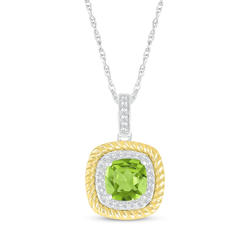 Main Image 1 of Cushion-Cut Peridot & Diamond Necklace 1/10 ct tw Sterling Silver & 10K Yellow Gold