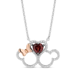 Disney Treasures Mickey & Minnie Mouse Garnet & Diamond Necklace 1/8 ct tw Sterling Silver & 10K Rose Gold 18&quot;