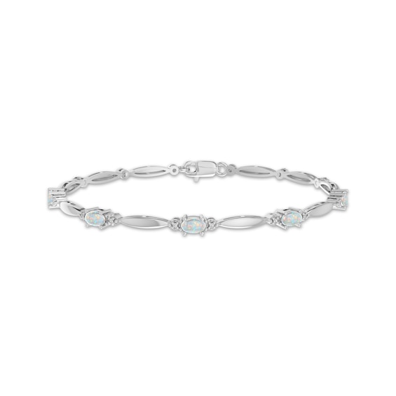 Oval-Cut Lab-Created Opal & White Lab-Created Sapphire Link Bracelet Sterling Silver 7.25"