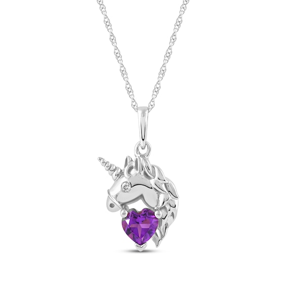 Heart-Shaped Amethyst & White Lab-Created Sapphire Unicorn Necklace Sterling Silver 18"