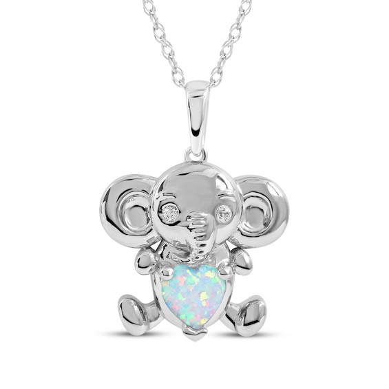 Heart-Shaped Lab-Created Opal & White Lab-Created Sapphire Elephant Necklace Sterling Silver 18"