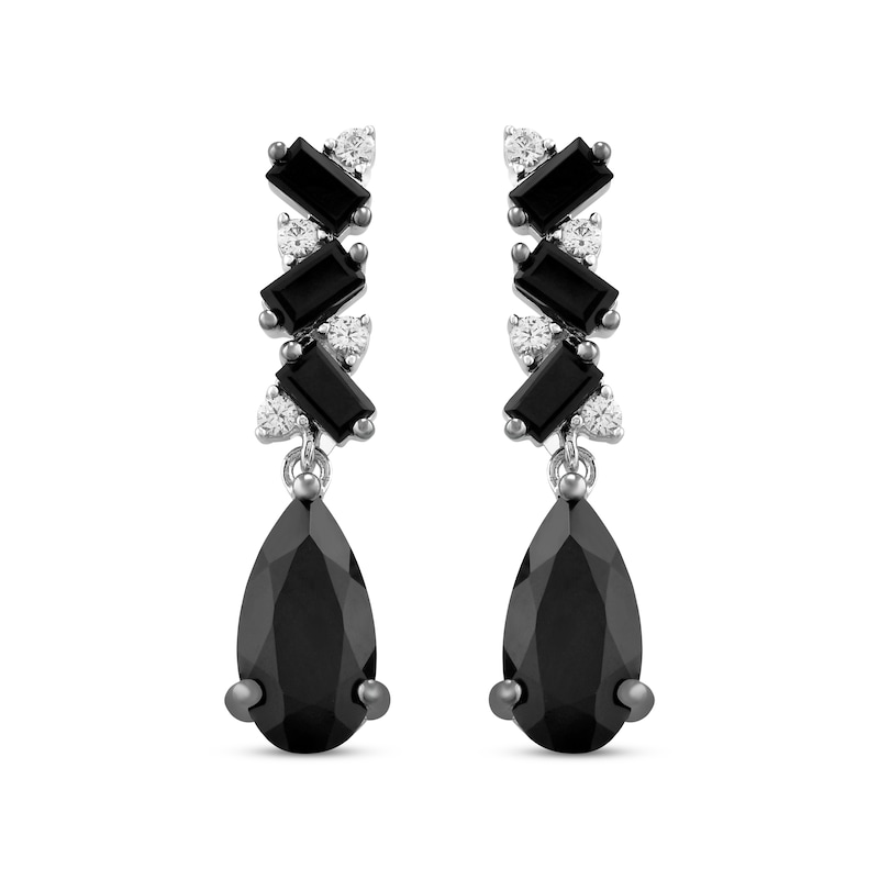 Main Image 2 of Pear-Shaped & Baguette-Cut Black Onyx & White Lab-Created Sapphire Dangle Earrings Sterling Silver