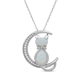 Pear-Shaped & Oval-Cut Lab-Created Opal & White Lab-Created Sapphire Cat Necklace Sterling Silver 18&quot;