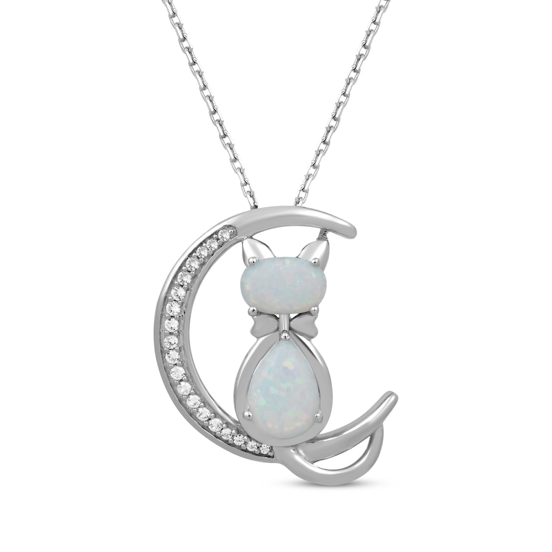 Main Image 1 of Pear-Shaped & Oval-Cut Lab-Created Opal & White Lab-Created Sapphire Cat Necklace Sterling Silver 18&quot;