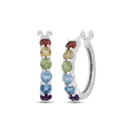 Multi-Gemstone Rainbow Hoop Earrings Sterling Silver