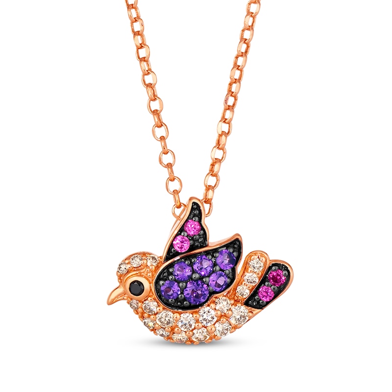 Main Image 1 of Le Vian Garden Party Amethyst & Garnet Songbird Necklace 1/4t tw Diamonds 14K Strawberry Gold 19&quot;