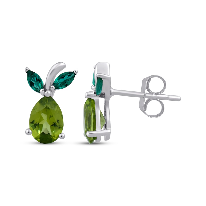 Main Image 3 of Pear-Shaped Peridot & Marquise-Cut Lab-Created Emerald Pear Earrings Sterling Silver