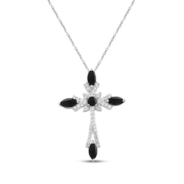 Marquise & Round-Cut Black Onyx & White Lab-Created Sapphire Cross Necklace Sterling Silver 18&quot;