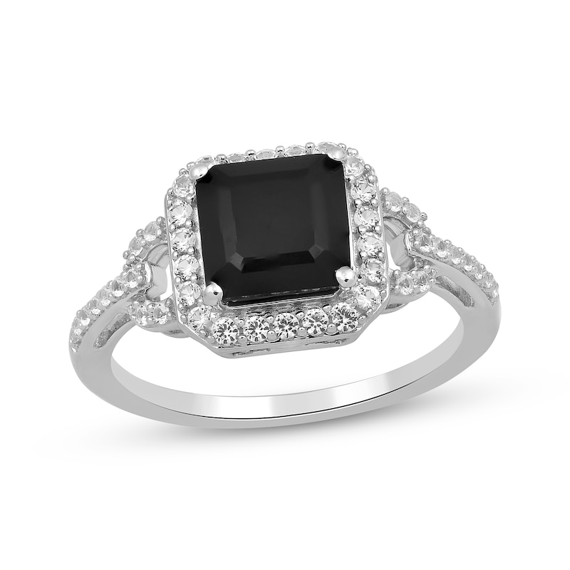 Main Image 1 of Octagon-Cut Black Onyx & White Lab-Created Sapphire Ring Sterling Silver