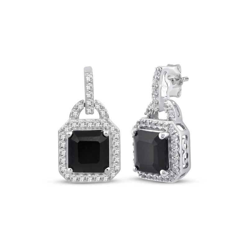 Main Image 1 of Octagon-Cut Black Onyx & White Lab-Created Sapphire Doorknocker Earrings Sterling Silver