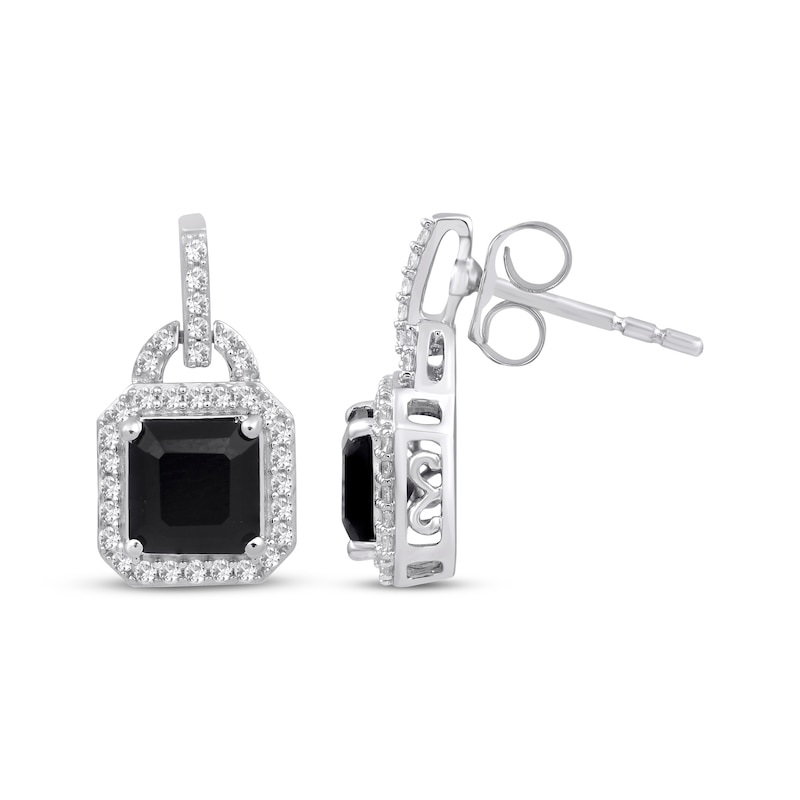 Main Image 3 of Octagon-Cut Black Onyx & White Lab-Created Sapphire Doorknocker Earrings Sterling Silver