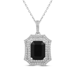 Octagon-Cut Black Onyx & White Lab-Created Sapphire Necklace Sterling Silver 18&quot;