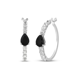 Pear-Shaped Black Onyx & White Lab-Created Sapphire Hoop Earrings Sterling Silver