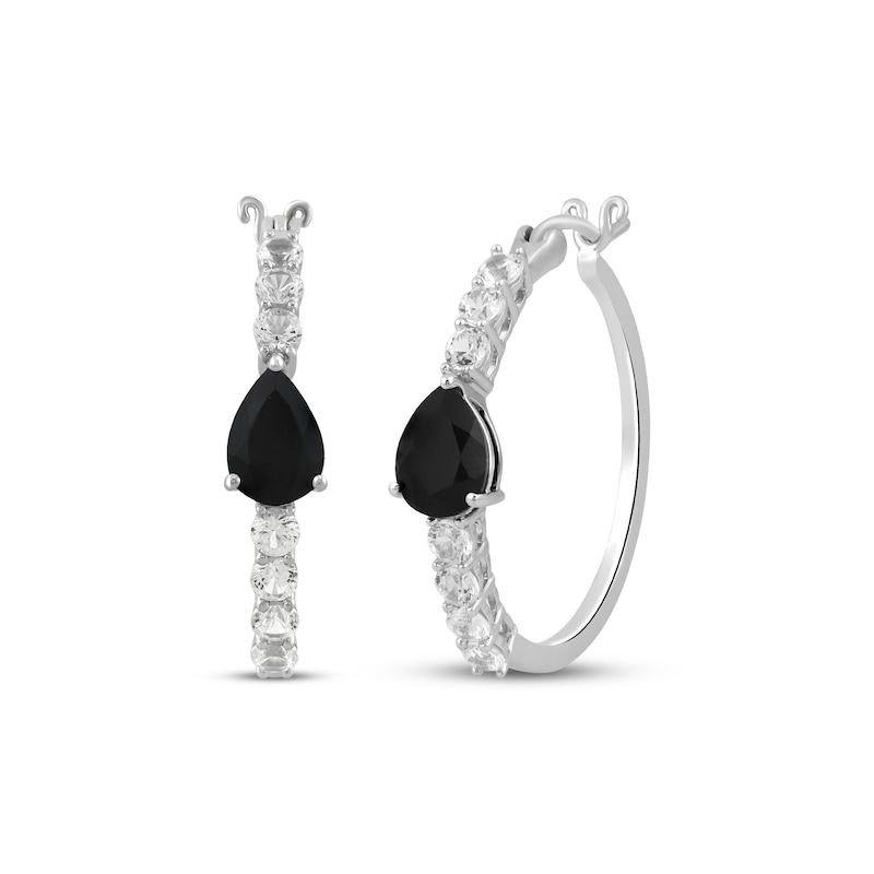 Main Image 1 of Pear-Shaped Black Onyx & White Lab-Created Sapphire Hoop Earrings Sterling Silver