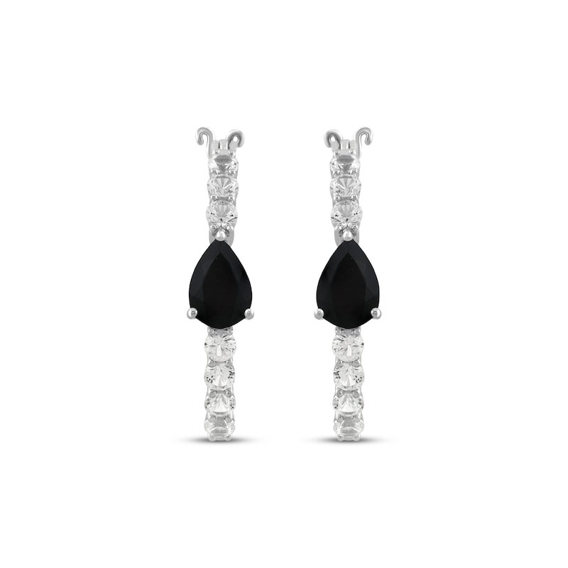 Main Image 2 of Pear-Shaped Black Onyx & White Lab-Created Sapphire Hoop Earrings Sterling Silver