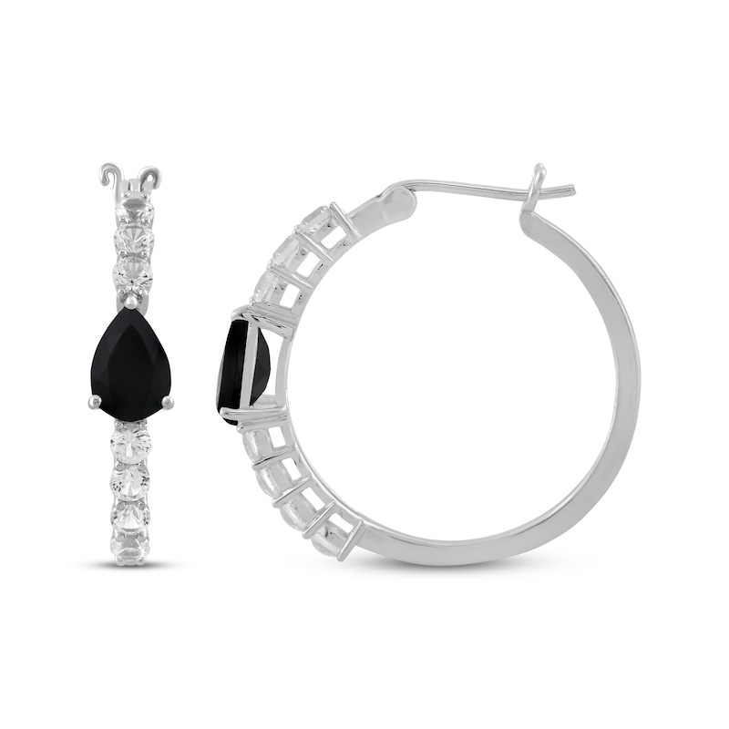 Main Image 3 of Pear-Shaped Black Onyx & White Lab-Created Sapphire Hoop Earrings Sterling Silver